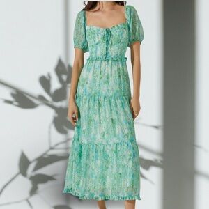 Astr The Label Bustier Puff Sleeve Midi Dress Green Blue Floral S NWT